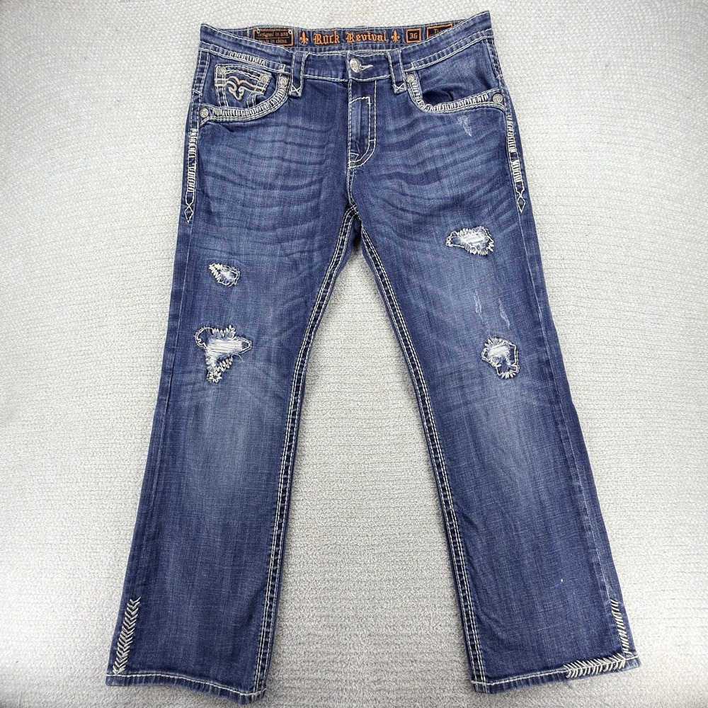 Rock Revival Thom Jeans Mens 36x30 Blue Relaxed Straight Distressed Embroidered